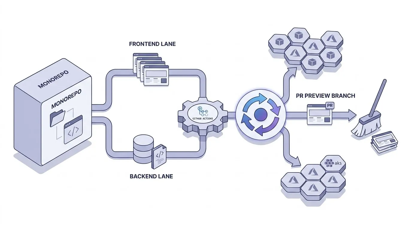 모노레포 CI/CD 파이프라인: GitHub Actions, ArgoCD, AKS로 PR Preview 환경을 자동 생성하는 아이소메트릭 일러스트