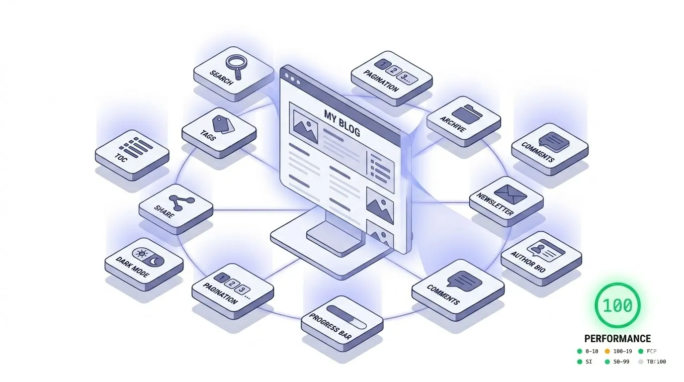 블로그 기능 12종과 Lighthouse 100점 달성을 표현한 아이소메트릭 일러스트