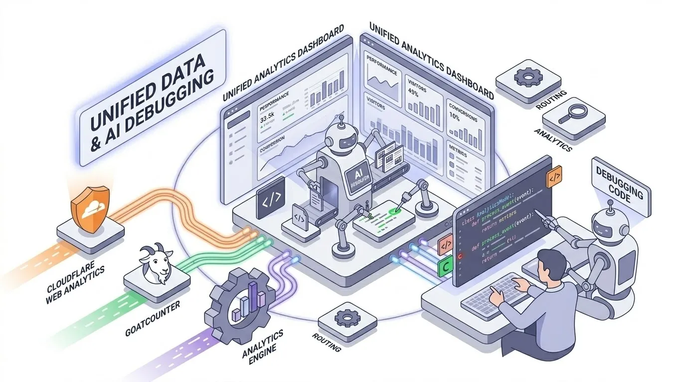 3개 분석 도구를 하나의 대시보드로 통합하는 Vibe Coding 아이소메트릭 일러스트