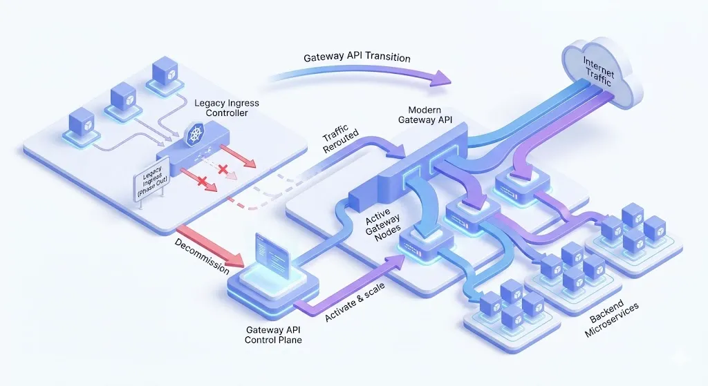 Kubernetes Ingress에서 Gateway API로의 전환을 표현한 커버 이미지