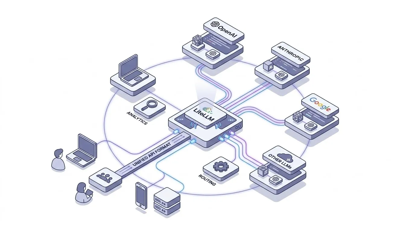 LiteLLM AI Gateway: 다수의 LLM을 단일 인터페이스로 통합하는 아이소메트릭 일러스트