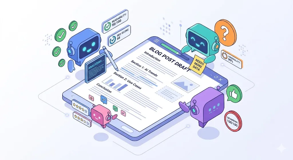 여러 AI 모델 아이콘이 블로그 문서를 함께 리뷰하는 아이소메트릭 일러스트