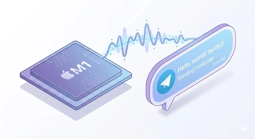 Apple Silicon 칩에서 Telegram 채팅으로 음성 파형이 연결되는 아이소메트릭 일러스트