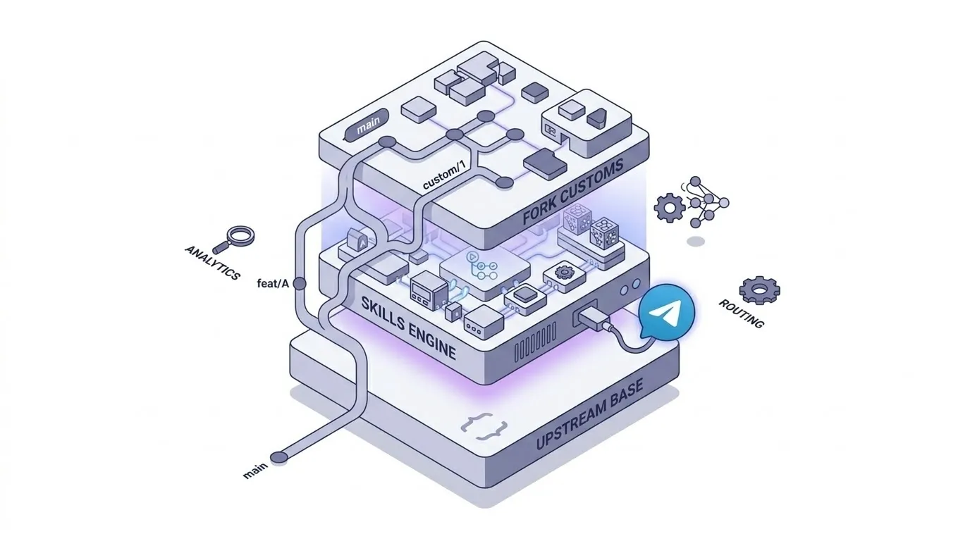 NanoClaw 3계층 코드 구조: upstream, skills, fork custom 아이소메트릭 일러스트