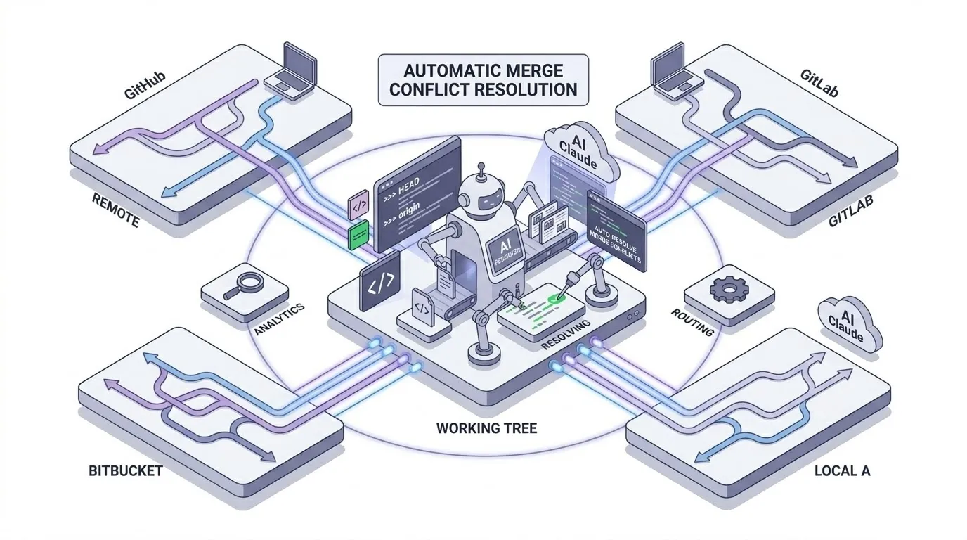 AI + Multi-Remote Git: 여러 원격 저장소를 하나의 워킹트리로 합치는 아이소메트릭 일러스트